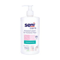 Le tube de 500 ml de la Seni L'émulsion corporelle Care pour peaux sèches de la société TZMO Deutschland GmbH contient 4 % d'urée, du tréhalose et de l'allantoïne afin d'hydrater la peau sèche en profondeur. Cette formule végane porte une étiquette en allemand et est équipée d'un flacon pompe pour une utilisation facile.