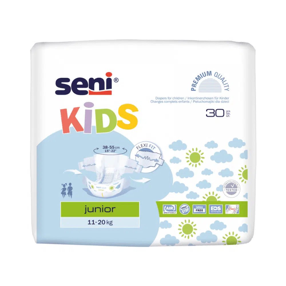 L'image montre un paquet de couches respirantes Seni Kids a30 pour enfants de TZMO Deutschland GmbH avec des designs colorés, portant les inscriptions « 11-20 kg » et « 30 pièces ». Il dispose de symboles pour la circulation de l'air, un ajustement flexible et une qualité premium, soulignant sa couche extérieure respirante.