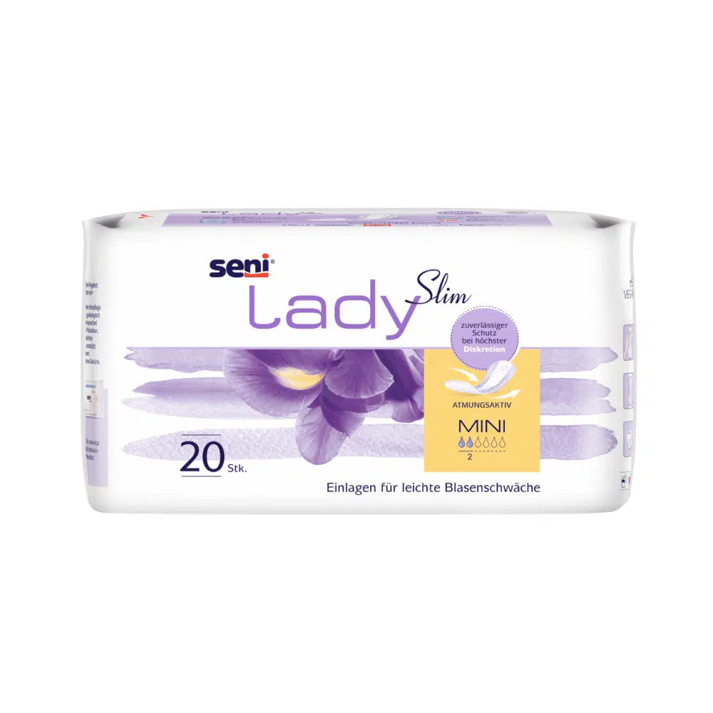 Un paquet de 20 Seni Lady Slim Mini a20 de TZMO Deutschland GmbH avec un design d'iris violet et un texte allemand offre une protection légère contre l'incontinence avec le système Extra Dry pour la respirabilité et l'absorption.