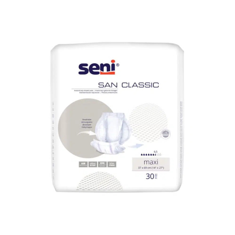 San Seni Classic Maxi protection contre l'incontinence par TZMO Deutschland GmbH – Paquet de 30 pièces pour faiblesse vésicale, avec protection anti-fuite sécurisée. Détails du produit et logo sur emballage blanc.