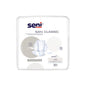 L'image montre un paquet de protections pour incontinence San Seni Classic Uni de TZMO Deutschland GmbH. Le paquet est principalement blanc avec des accents bleus et beiges et contient un texte avec des informations sur la capacité d'absorption et la taille. Pour un confort de port supplémentaire, 30 inserts sont inclus dans le paquet.