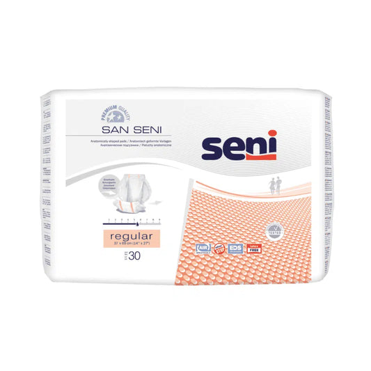 Eine Packung Seni San Regular Inkontinenzvorlage der TZMO Deutschland GmbH mit einer Grafik der Windel mit Saugzonen und einem gemusterten orangefarbenen Design für mittlere Blasenschwäche. Enthält 30 Stück.