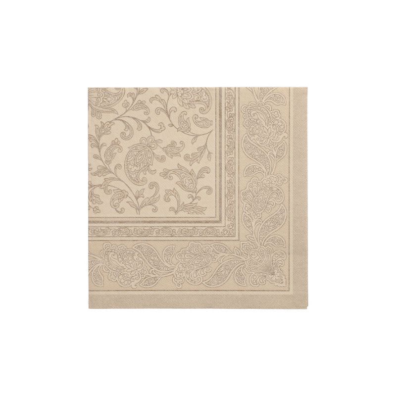 Die Servietten der PAPSTAR GmbH „ROYAL Collection“ mit 1/4-Falz „Ornamente“ sind detailreiche beige Servietten mit einem aufwendigen Paisleymuster am Rand und in der Mitte. Diese eleganten Servietten zeigen wirbelnde Blätter und Blumenmotive und sorgen so für einen klassischen und raffinierten Look. Jede Serviette misst 40 cm x 40 cm.