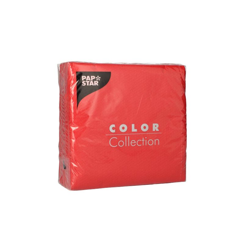 Eine Packung PAPSTAR 100 Servietten, 1-lagig 1/4-Falz 33x33 cm von PAPSTAR GmbH, FSC-zertifiziert, quadratisch gestapelt in Kunststoffverpackung mit weißer und schwarzer Schrift.