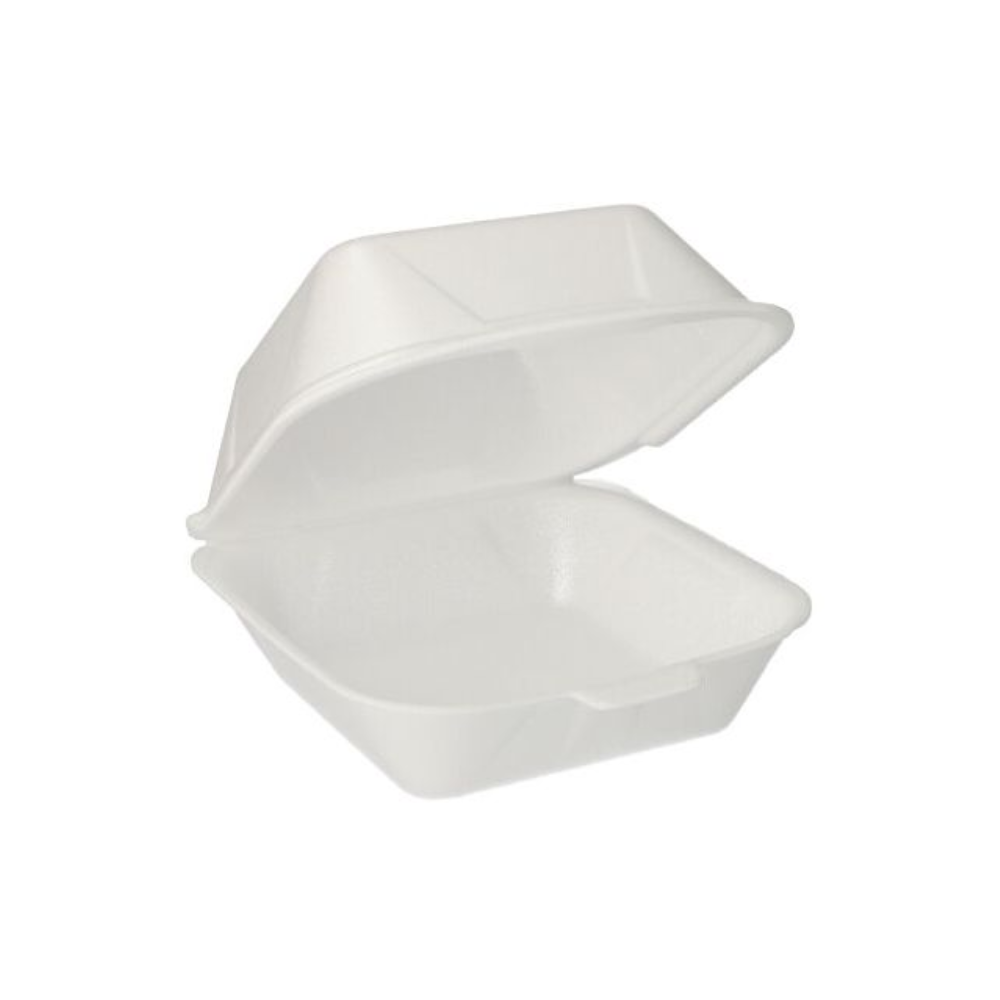 Devant un fond uni, on peut voir une boîte à burger Starpak avec couvercle rabattable en XPS aux dimensions 14,5 x 15,5 cm en blanc. Le matériau XPS assure un effet isolant, tandis que la boîte vide exhibe son intérieur spacieux.
