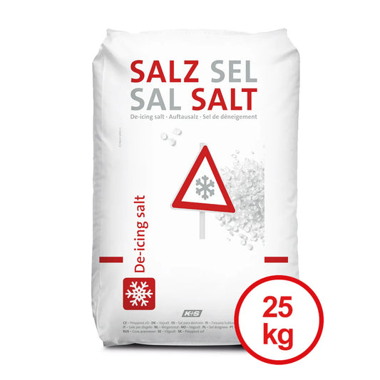 Ein 25-kg-Sack K+S AG Stein-Auftausalz Streusalz für den Winterdienst ist mit mehrsprachigem Text versehen – „SALZ“, „SEL“, „SAL“ und „SALT“. Das Design umfasst ein rotes Dreieck-Warnschild mit Schneeflockensymbol, das deutlich auf die winterspezifische Verwendung hinweist.