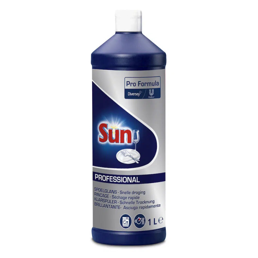 Une bouteille de 1 litre de SUN Professional Rince-éclat de Diversey Deutschland GmbH & Co. OHG est idéale pour votre lave-vaisselle. L'étiquette bleu et blanc montre un logo avec un verre étincelant et met en avant les propriétés de séchage rapide du rince-éclat pour une vaisselle sans traces, spécialement développées pour un usage professionnel.