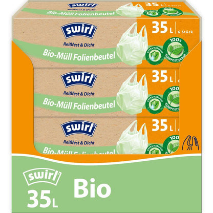 Six Swirl Bio-Müll Folienbeutel mit Tragegriff 35l von Melitta Europa GmbH & Co. KG kommen reißfest und dicht auf einer Rolle, in einer grün-orangenen Box für Kompostierbarkeit und umweltfreundliche Entsorgung.