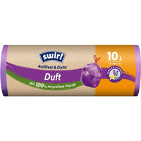 Un rôle Swirl Sacs poubelle parfumés à la vanille et à la lavande, 10 l (14 sacs) de la marque Melitta Europa GmbH & Co. KG, fabriqués à partir de plastique 100 % recyclé, parfumés à la vanille et à la lavande et ornés d'un motif de fleurs de lavande.