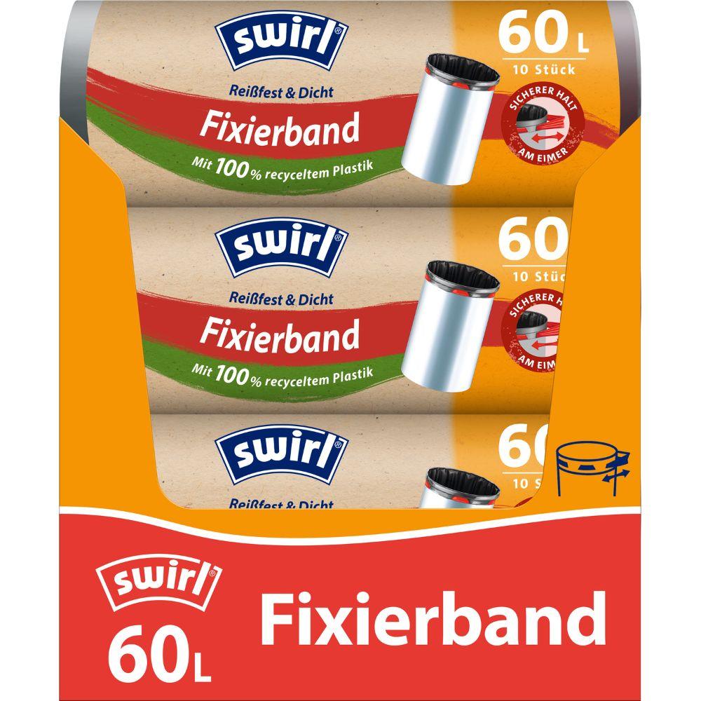 Drei Rollen Swirl Fixierband-Müllbeutel 60 l Reißfest & Dicht von Melitta Europa GmbH & Co. KG (jede Rolle mit 10 Beuteln) werden in einem orangeroten Karton mit deutschen Details und einem Mülltonnen-Motiv geliefert, der aus 100 % recyceltem Kunststoff besteht.
