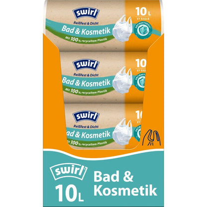 Swirl Tragegriff-Müllbeutel Bad- & Kosmetik 10L von Melitta Europa GmbH & Co. KG, Packung mit 37 starken, auslaufsicheren Beuteln in blaugrüner und orangefarbener Verpackung, aus 100 % recyceltem Kunststoff.