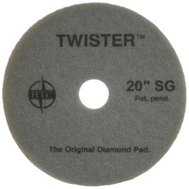 Das Twister Pad 10000 von Diversey Deutschland GmbH & Co. OHG ist ein runder, grauer Bodenpad mit mittigem Loch und Aufdruck "TWISTER 20'' SG - The Original Diamond Pad". Ideal zum Reinigen und Polieren von Hartböden.