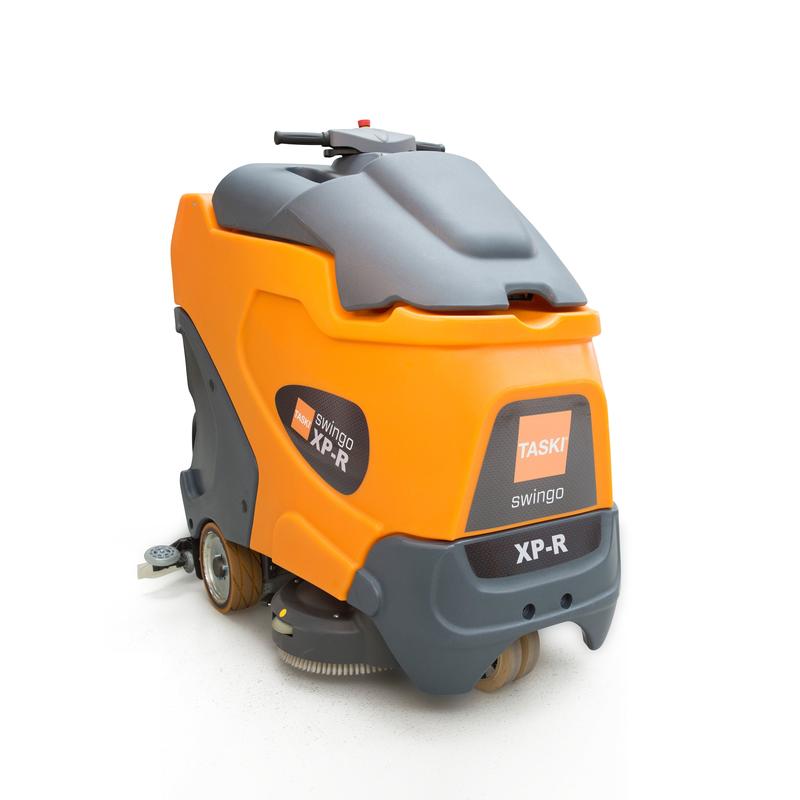 La TASKI swingo XP R de Diversey Deutschland GmbH & Co. OHG est une autolaveuse orange/grise à batterie avec principe de cavalier, idéale pour les grandes surfaces, incl. 4x batterie 6V-180Ah et chargeur intégré.