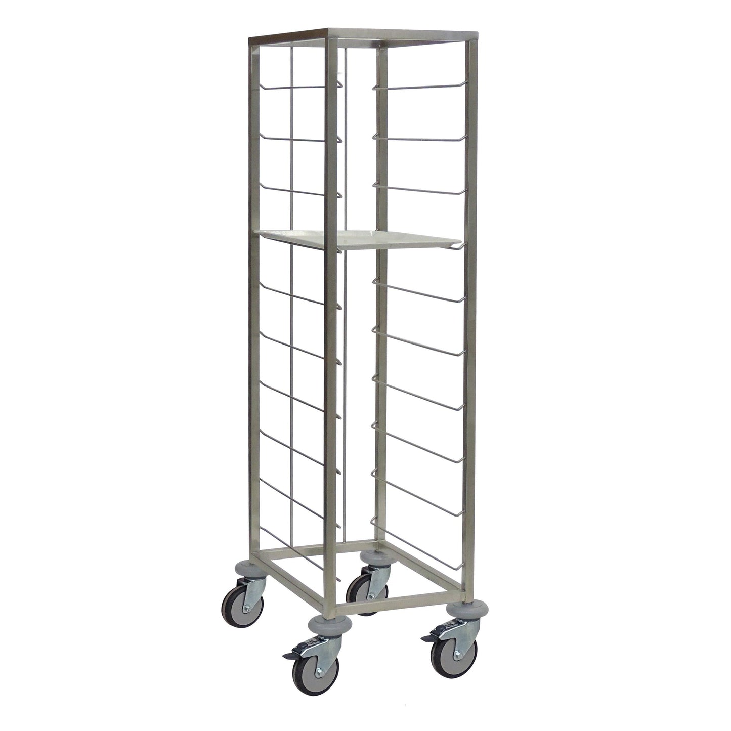 Der Novocal Tablettwagen aus Edelstahl in 1-reihiger Ausführung bietet Platz für 10 Tablets, besitzt eine zentrale Ablage sowie vier Lenkrollen und eignet sich ideal als Tablettwagen für Krankenhäuser.