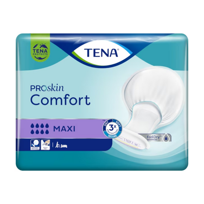 Emballage pour les protections d'incontinence TENA Comfort Maxi, contenu 34 pièces. Le design comprend un schéma de couleurs bleu-violet avec une image de la protection d'incontinence sur le côté droit ainsi que des symboles indiquant l'absorption et les avantages du produit.