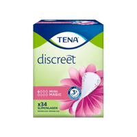 La photo montre une boîte de protections pour l'incontinence TENA Discreet Mini Magic, ornée d'un motif de pétales roses et portant la mention « Boîte (34 pièces) ». L'emballage met en avant la « triple protection » en cas de fuites urinaires légères, comporte des symboles représentant des gouttes d'eau et souligne la technologie microPROTEX pour une absorption efficace. Fabriqué par TENA - Essity Germany GmbH.