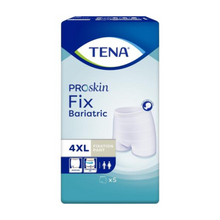Das Bild zeigt eine Packung TENA Fix Bariatric Inkontinenz-Fixierhosen von TENA – Essity Germany GmbH in der Größe 4XL. Die blau-weiße Verpackung zeigt eine Produktabbildung im nahtlosen Design und enthält fünf Hosen.
