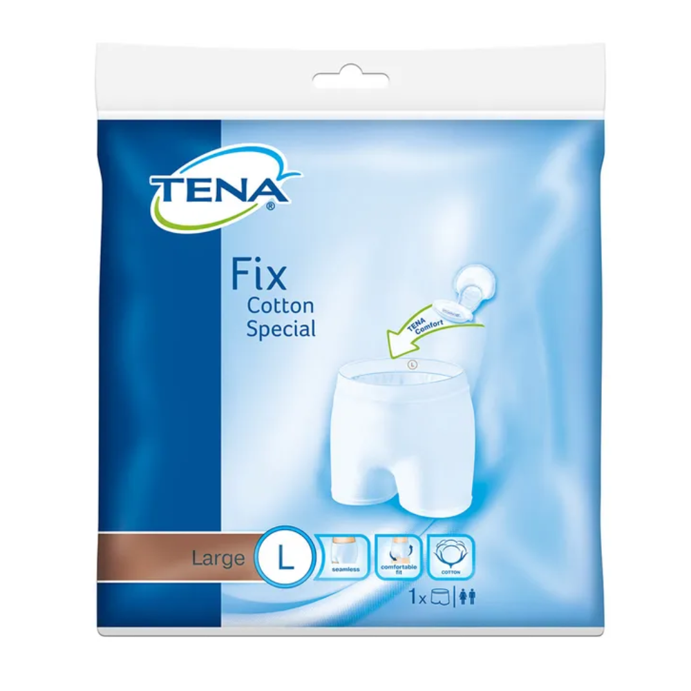 Das Bild zeigt eine Packung TENA Fix Cotton Spezial Fixierhose Inkontinenzunterwäsche in großer Größe. Die überwiegend blaue Verpackung mit weißen Details zeigt ein Bild der wiederverwendbaren Fixierhose, was darauf hinweist, dass es sich um ein einzelnes Paar handelt, das für Komfort und Unterstützung konzipiert ist.