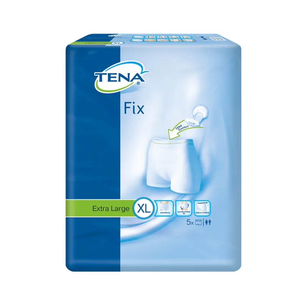 Die Verpackung der TENA Fix Inkontinenz-Fixierhosen in der Größe XL der TENA - Essity Germany GmbH besticht durch eine lebendige Darstellung des Produkts. Sie ist überwiegend blau mit grünen Akzenten, die den Auslaufschutz betonen, enthält 5 Stück und ist für Männer und Frauen gleichermaßen geeignet.