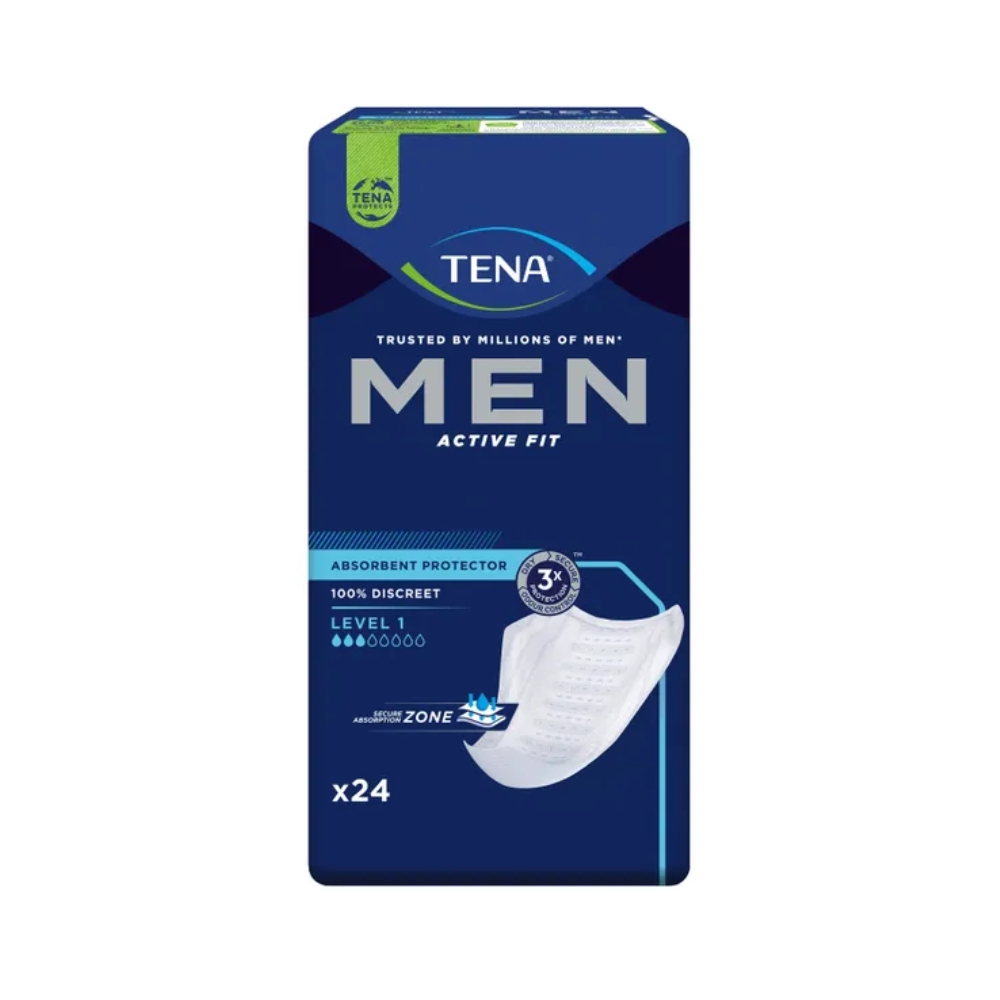Bild der Verpackung der TENA Men Active Fit Level 1 Inkontinenzeinlage. Die dunkelblaue Verpackung mit dem TENA-Logo oben trägt den Hinweis „Von Millionen Männern verwendet“ und hebt ihr „diskretes Design“ und ihre „sicherer Absorptionszone“ hervor. Abgebildet ist ein weißer Protektor mit 24 Stück darin.