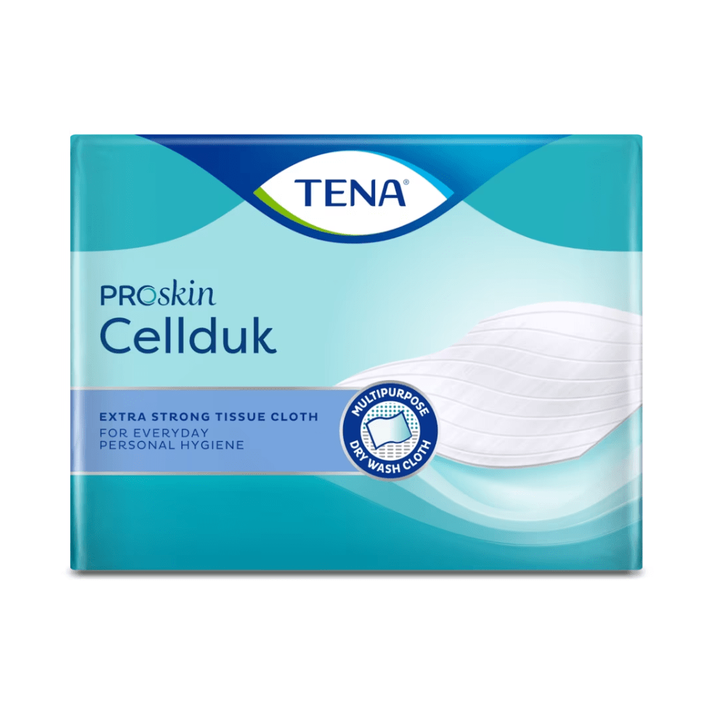 Abgebildet ist die Verpackung des TENA ProSkin Cellduk Trockentuchs 25 x 26 cm in den Farben Blau und Grün. Sie zeigt den Produktnamen und die Beschreibung: „Extra starkes Tissue-Tuch für die tägliche Körperhygiene mit erhöhter Nassfestigkeit.“ Außerdem ist eine Abbildung eines weißen Tuchs enthalten.