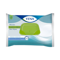 Die TENA ProSkin Plastic-Free Feuchttücher, die von TENA – Essity Germany GmbH in einer Packung mit 48 Stück angeboten werden, kommen in einer Verpackung mit grün-blauem Design und einem wiederverschließbaren grünen Deckel. Diese Tücher sind als frisch parfümiert gekennzeichnet, bieten Hautschutz und sind aufgrund ihrer sanften Formulierung für empfindliche Haut ideal für die tägliche Körperhygiene.