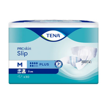 L'image montre un paquet de protection contre l'incontinence TENA Slip Plus avec ceinture de TENA – Essity Germany GmbH, qui inclut une protection anti-fuite pour une sécurité supplémentaire. L'emballage bleu et blanc indique avec un « M » la taille moyenne et contient 30 pièces, soulignant la triple protection cutanée.