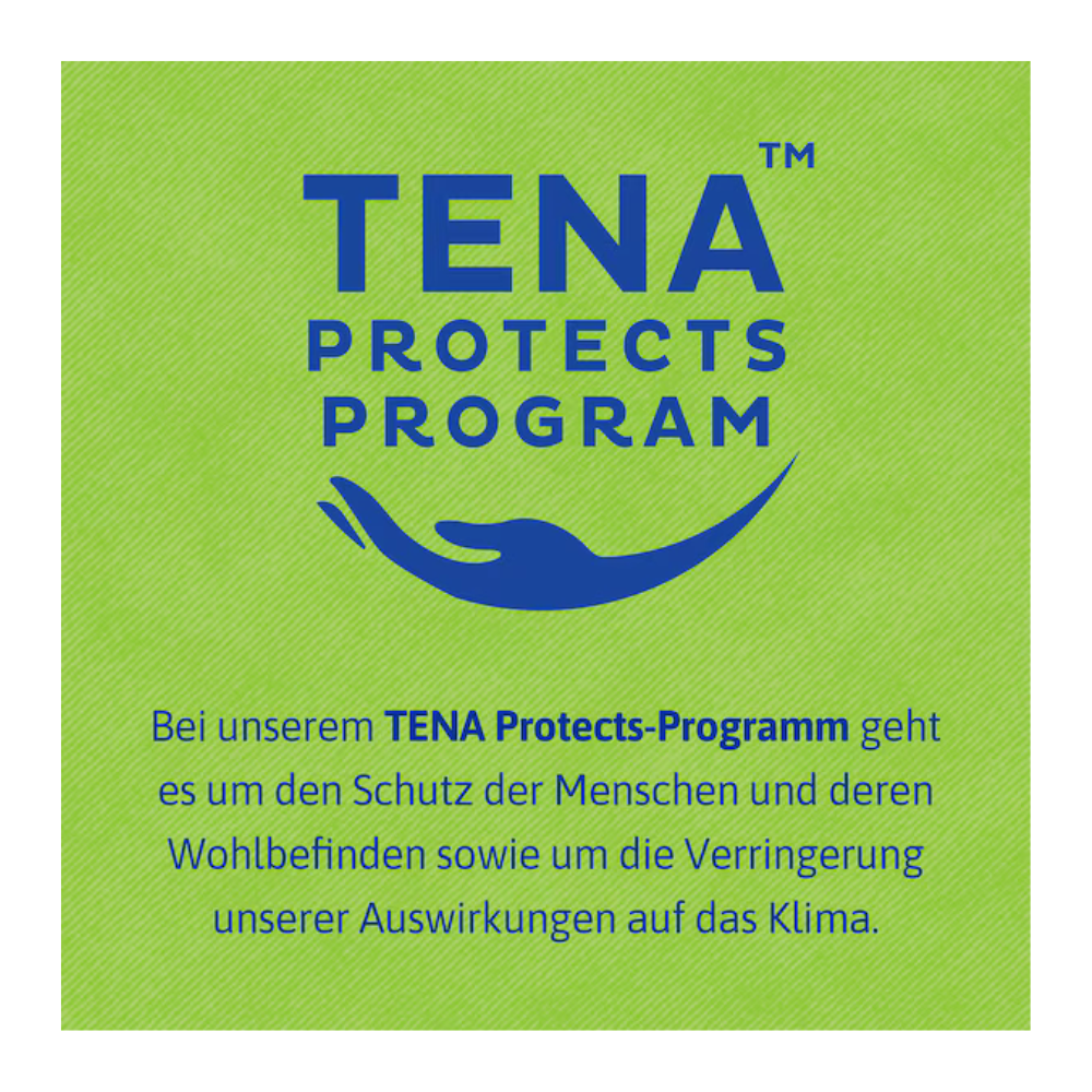 Ein quadratisches Bild mit grünem Hintergrund zeigt "TENA Protects Program" in Blau über einer geschwungenen Linie. Der deutsche Text erklärt, wie TENA Bed Plus von TENA - Essity Germany GmbH das Wohlbefinden unterstützt und zur Reduzierung der Klimaauswirkungen beiträgt.
