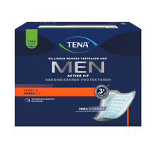 Eine blaue Schachtel von Muster TENA Men Active Fit von TENA - Essity Germany GmbH, Level 3, mit deutschen Informationen und einer Abbildung eines Pads auf der Vorderseite, entwickelt für Blasenschwäche Männer.