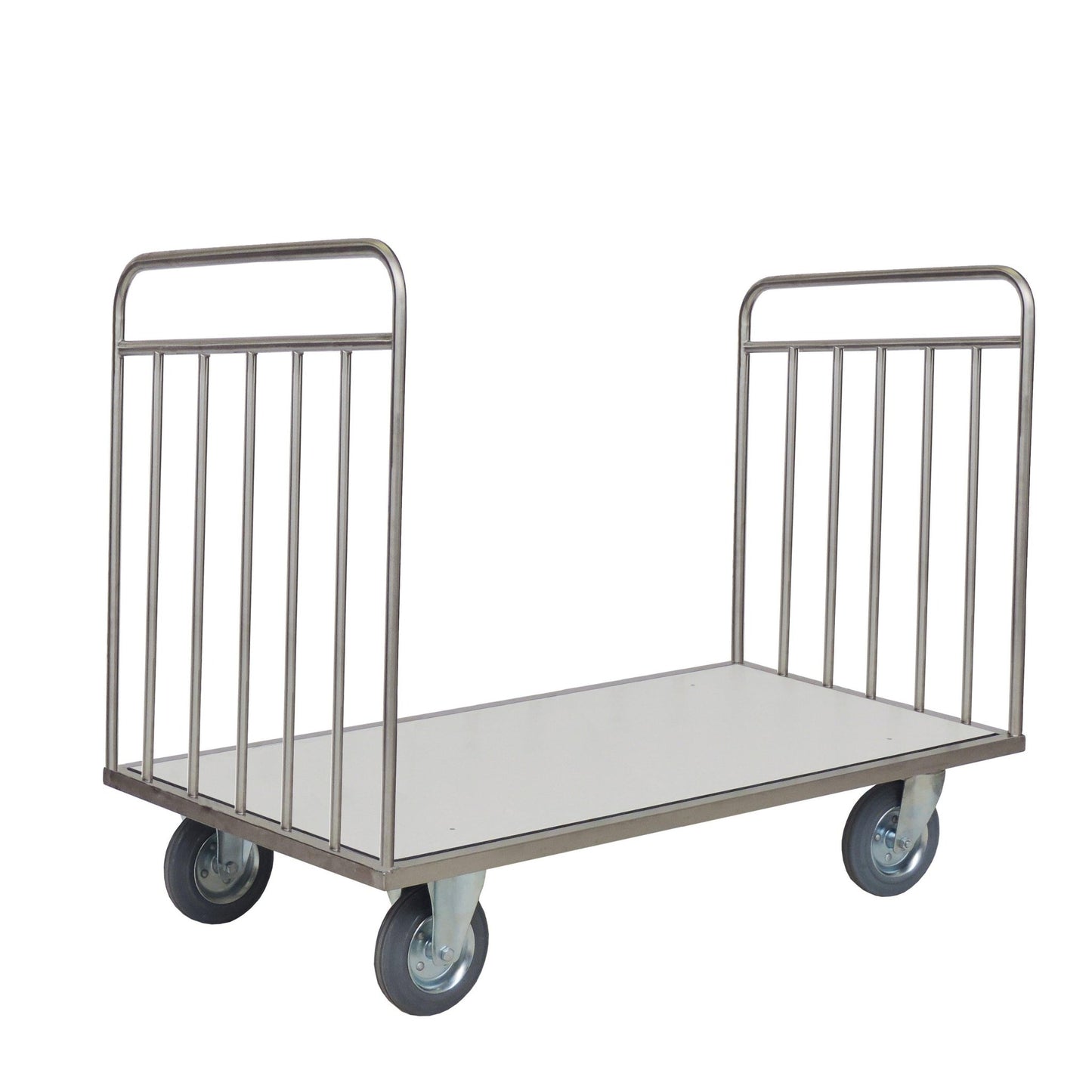 Der Novocal Transportwagen ohne Rückwand verfügt über einen Edelstahlrahmen, eine flache Oberfläche, offene Seiten und vertikale Stangen an beiden Enden - ideal für den Transport großer oder schwerer Gegenstände. Alle Rohrverbindungen sind für eine lange Lebensdauer vollständig verschweißt.