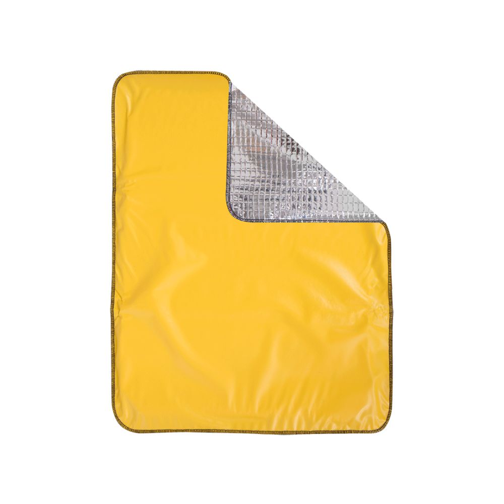 Le coussin de siège rectangulaire jaune Söhngen APOLLO-THERMO de W. Söhngen GmbH a des coins arrondis, un dessous argenté et réfléchissant (sur l'image, un coin est replié) et des bords bordés de brun pour le confort et la chaleur. Emballage : 1 pièce.