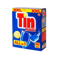 Boîte de pastilles de lavage « Tin matic All in One » de la marque Rösch Germany GmbH, contient 100 comprimés. L'emballage représente une rondelle de citron et une illustration de verre sur fond bleu ; il porte la mention « XXL » et promet une vaisselle propre et brillante.