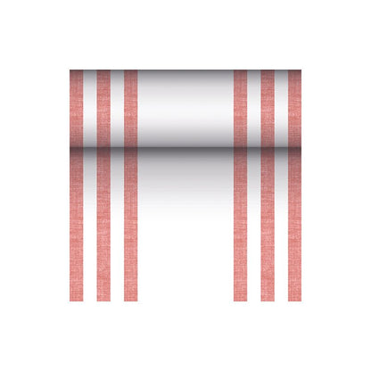 Der Tischläufer stoffähnlich PV-Tissue Mix „ROYAL Collection“ der PAPSTAR GmbH in den Maßen 24 m x 40 cm besticht durch ein markantes Design aus sechs vertikalen roten Linien, ergänzt durch einen zentralen horizontalen Farbverlauf von Schwarz nach Weiß auf einem makellos weißen Hintergrund.