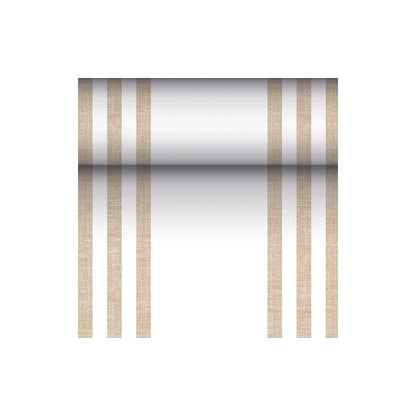Der PAPSTAR Tischläufer stoffähnlich PV-Tissue Mix „ROYAL Collection“ der PAPSTAR GmbH ist ein rechteckiger Läufer mit den Maßen 24 Meter mal 40 Zentimeter, dessen weiße Oberfläche auf jeder Seite mit zwei Paar vertikaler brauner Linien verziert ist, die für ein symmetrisches Aussehen sorgen. In der Mitte befindet sich ein Farbverlauf, der in der Mitte dunkel beginnt und zu den Rändern hin heller wird.