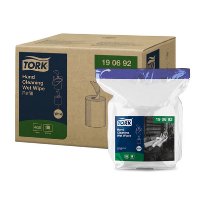Ein Karton mit vier Packungen Tork 190692 Feuchte Handreinigungstücher Nachfüllung Premium W14 1-lagig der Marke TORK – Essity Professional Hygiene Germany GmbH zeigt ein grün-blaues Design mit Produktdetails. Die Kunststoff-Nachfüllpackung zeigt ein Schwarz-Weiß-Bild von gereinigten Händen und eignet sich perfekt zum effizienten Entfernen von Öl und Schmutz.