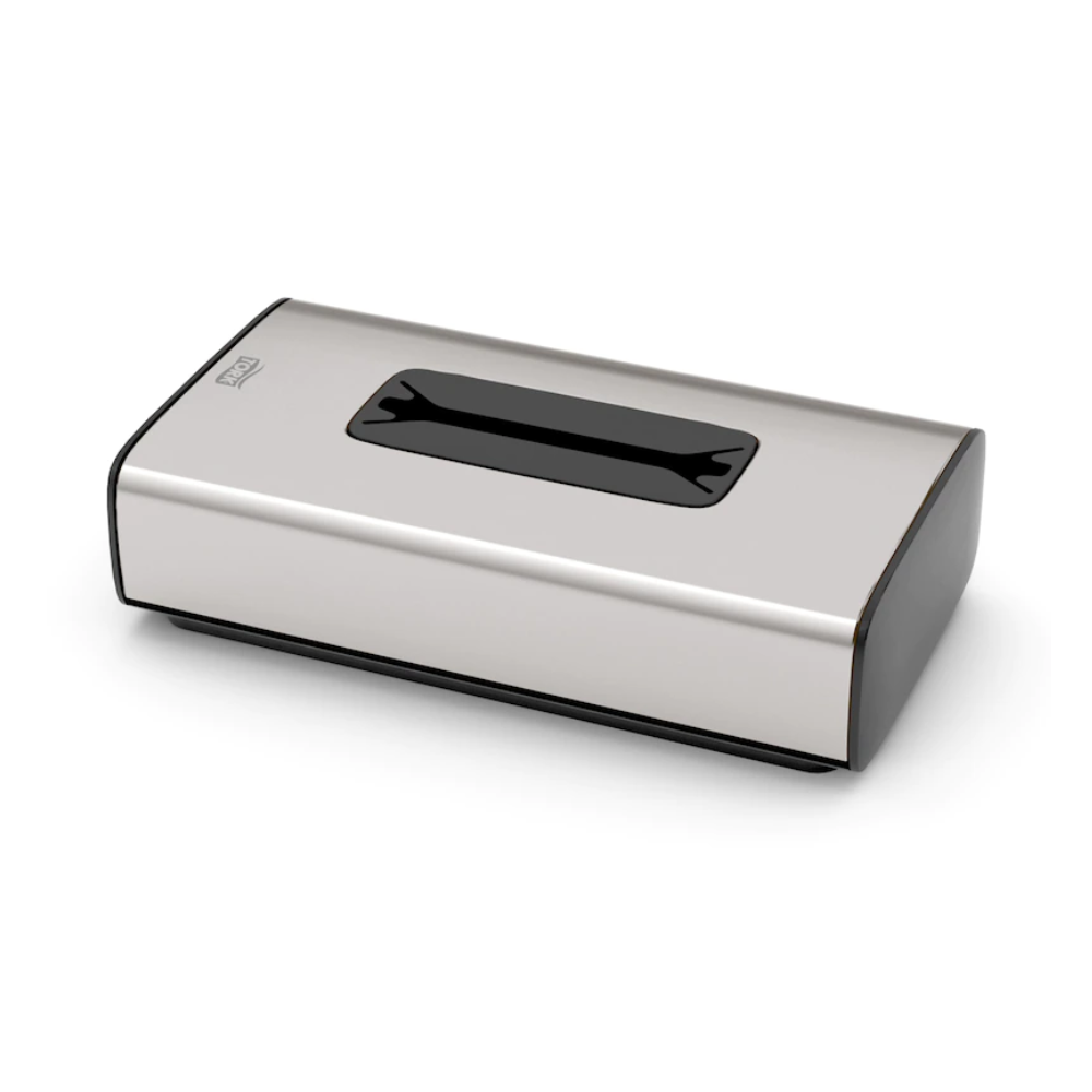 Der Tork 460013 Spender für Kosmetiktücher aus der Image Line F1-Kollektion von TORK – Essity Professional Hygiene Germany GmbH ist eine Tissue-Box aus Edelstahl mit einem rechteckigen Schlitz an der Oberseite. Er präsentiert sich im Edelstahl-Design, hat schwarz lackierte Kanten und einen minimalistischen Stil, der sich ideal für die Einzelblattentnahme eignet.