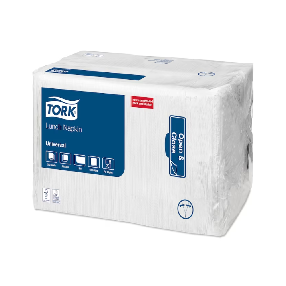Un paquet de serviettes de déjeuner Tork 509300 Blanc Universel de Essity Professional Hygiene Germany GmbH est conçu pour les restaurants fast-food. L'emballage dispose d'une étiquette bleue avec les inscriptions « Universel », « Ouvrir & Fermer » et des images des serviettes. Ce paquet industriellement compostable contient 150 serviettes blanches à une seule couche, chacune mesurant 12 pouces carrés.