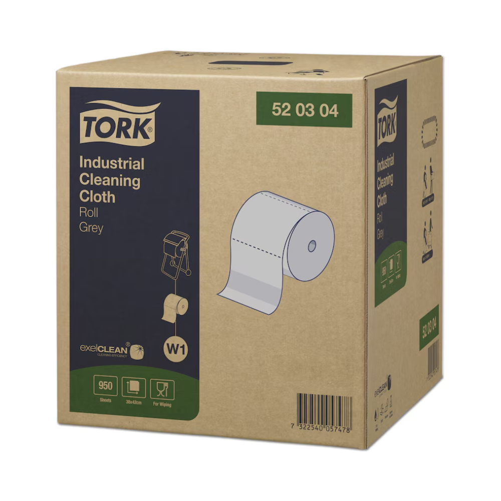 Eine Kartonschachtel mit Tork 520304 Industrie Reinigungstüchern Premium W1 1-lagig, mit einer Rollengrafik. Die Schachtel mit der Marke TORK von Essity Professional Hygiene Germany GmbH enthält graue Reinigungstücher, die sich perfekt zum Abwischen von Öl, Fett und Schmutz in industriellen Umgebungen eignen.