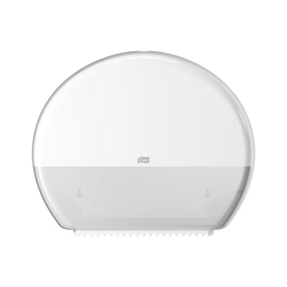 Der Tork 554000 Spender für Jumbo-Toilettenpapier Elevation T1 von Essity Professional Hygiene Germany GmbH ist ein runder, weißer Kunststoffspender für Jumbo-Toilettenpapier mit einer durchscheinenden unteren Hälfte, ideal für Waschräume mit hohem Besucheraufkommen. Seine glatte Außenfläche weist in der Mitte ein kleines Logo auf, das eine einfache Überwachung des Papierstands im Inneren ermöglicht.