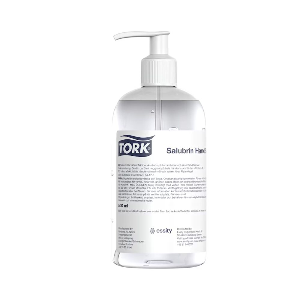 Das Tork 911103 Salubrin Händedesinfektionsgel Premium, erhältlich im Karton mit acht Flaschen, ist eine durchsichtige Kunststoff-Pumpflasche mit 350 ml Händedesinfektionsgel mit 70% Alkohol für eine effektive Anwendung. Mit seiner mehrsprachigen Beschriftung und der weißen Kappe und Pumpe wird dieses Produkt von Essity Professional Hygiene Germany GmbH unter dem Markennamen TORK vertrieben. Es ist für die wirksame Bekämpfung behüllter Viren konzipiert.