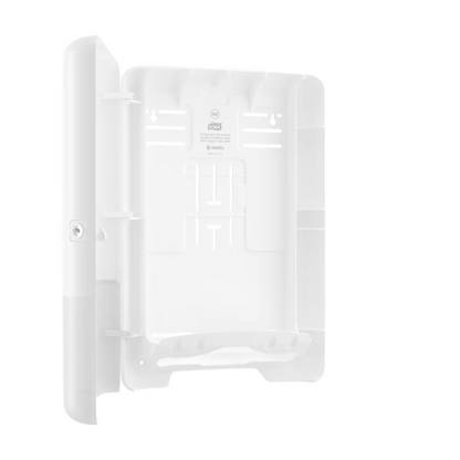 Le distributeur Tork Xpress® 552000 pour serviettes pliées en H2 d'Essity Professional Hygiene Germany GmbH est un boîtier en plastique blanc, ouvert et rectangulaire, avec une porte rabattable et plusieurs fentes de montage à l'intérieur, spécialement conçu pour les produits Tork Xpress. Il dispose d'un trou de serrure sur le côté gauche pour la sécurité et possède à l'intérieur plusieurs petits supports pour une organisation efficace des câbles ou des composants.
