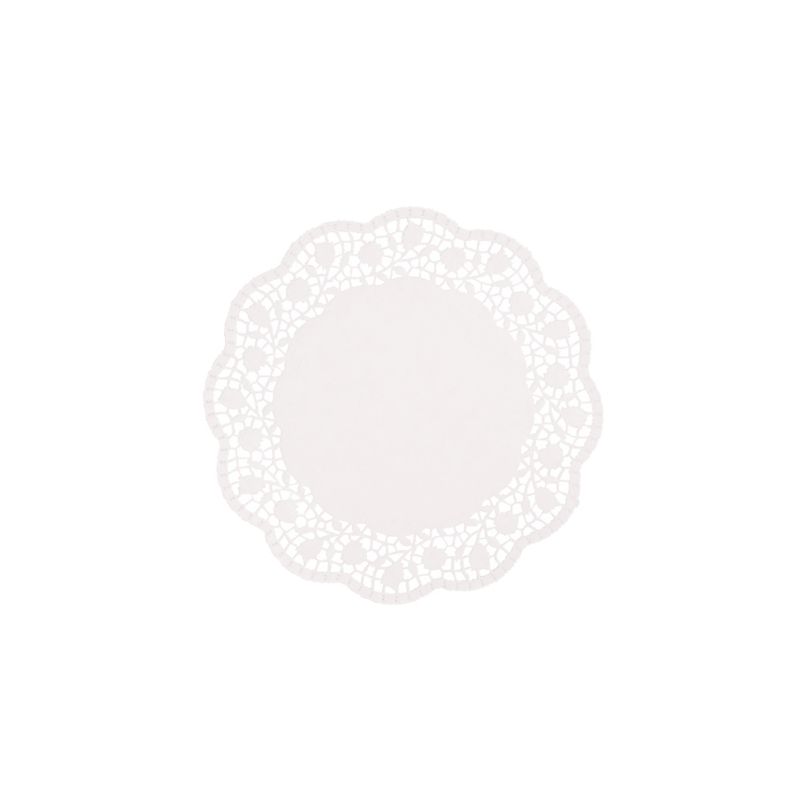 Un napperon rond blanc de la PAPSTAR GmbH avec un motif de type dentelle élaboré sur les bords, qui rappelle les napperons traditionnels, sur un fond blanc uni. Le produit s'appelle PAPSTAR napperons ronds blancs.