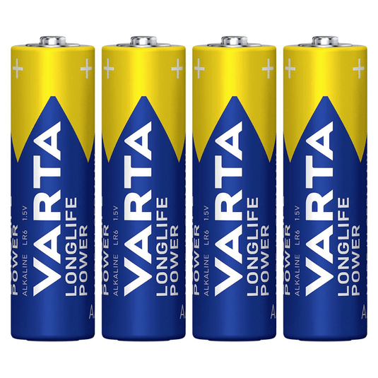 Quatre piles Varta AG Industrial Pro Mignon AA alignées verticalement, portant des étiquettes de marque bleues et jaunes.