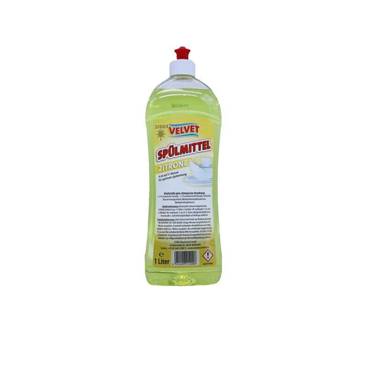Une bouteille en plastique d'un litre de liquide vaisselle Velvet, de couleur jaune, de la marque Stern Waschmittel GmbH doté d'un bouchon à rabat rouge et d'une étiquette jaune comportant les informations sur le produit en allemand.