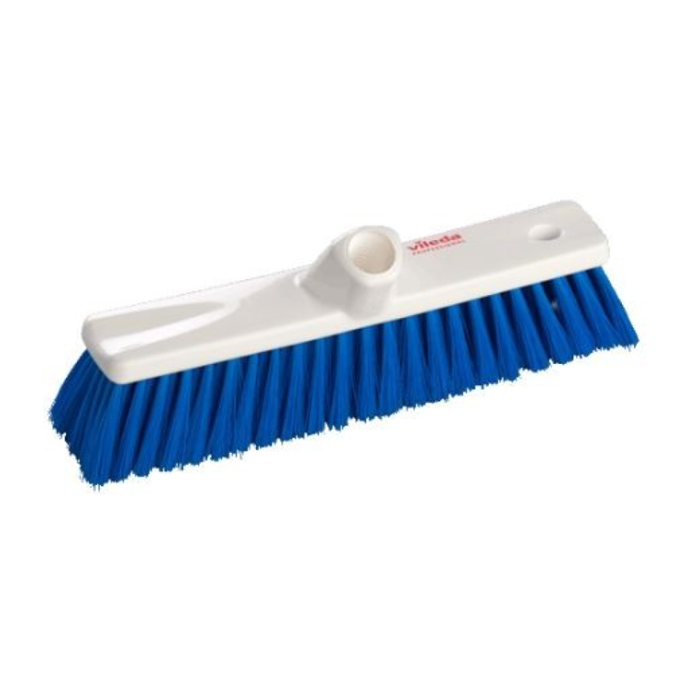 Le balai doux bleu Vileda Professional, disponible en tailles 30 cm ou 50 cm et vendu individuellement, dispose de poils bleus et d'une base en plastique blanc avec un trou central pour la fixation du manche. Ce balai de Vileda GmbH offre une construction durable pour garantir la propreté.