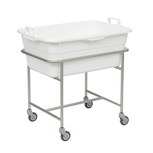 Das Novocal Edelstahl-Fahrgestell ist mit 4 Leichtlauflenkrollen (Ø 75 mm) ausgestattet und trägt eine robuste Kunststoffwanne mit 90 L Fassungsvermögen, ideal für den Einsatz im Krankenhaus. Marke: Novocal. Packungsgröße: 1 Stück.