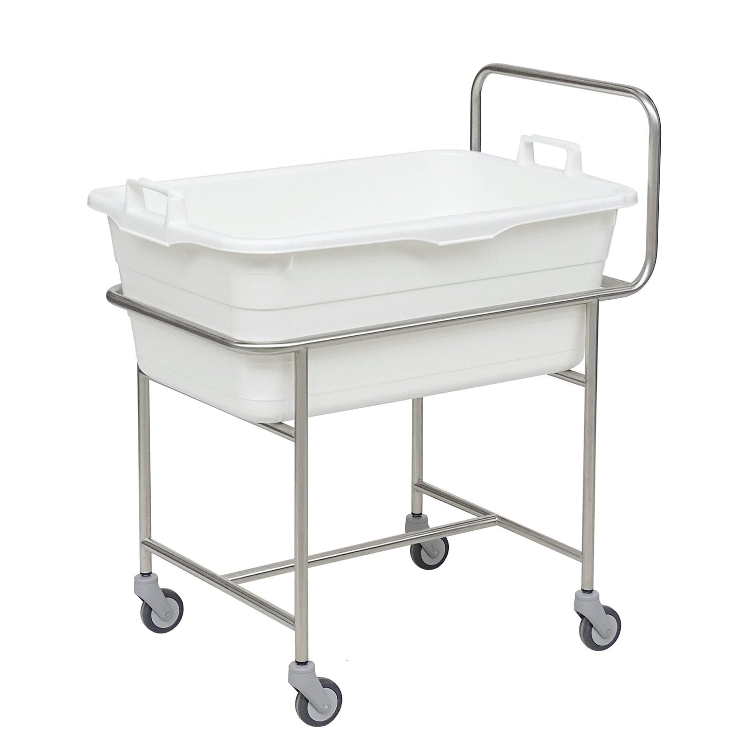 Das Novocal Edelstahl-Fahrgestell mit Schiebebügel verfügt über vier Ø 75 mm Leichtlauflenkrollen und hält eine weiße Kunststoffwanne mit Griffen.