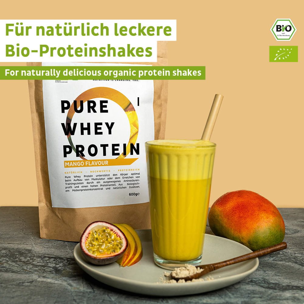 Protéines de lactosérum (whey) en poudre bio, saveur mangue