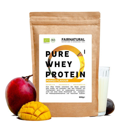 Protéines de lactosérum (whey) en poudre bio, saveur mangue