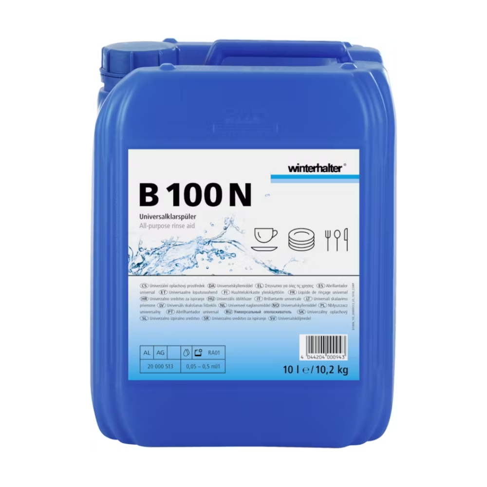 Un contenant bleu de 10 litres avec le produit de rinçage Winterhalter B 100 N d'Altruan, conçu pour les lave-vaisselles professionnels. Sur l'emballage, on peut voir le nom du produit, des logos et des images de vaisselle qui soulignent la capacité du produit à garantir un séchage sans taches et à être adapté à diverses applications de lavage de vaisselle.